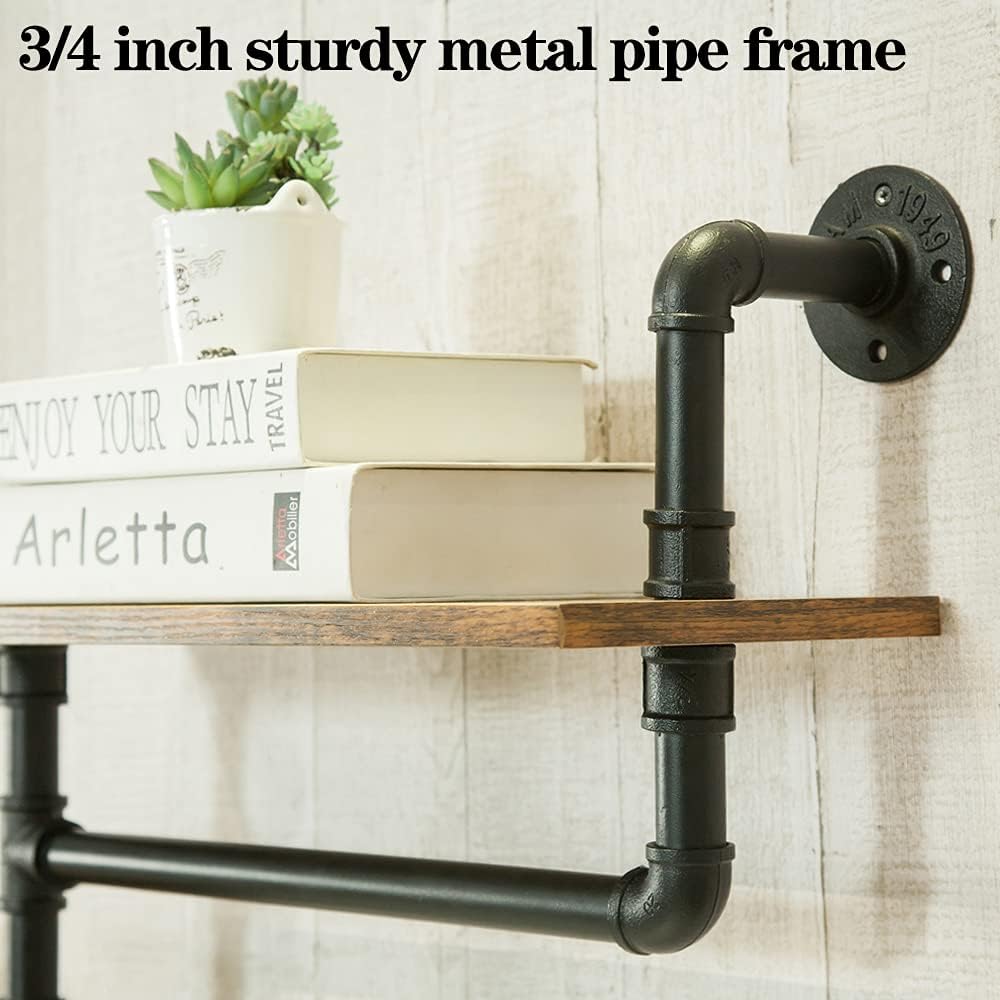Rustic 2 Tier Wall Mounted Metal Shelves with Towel Bars F619