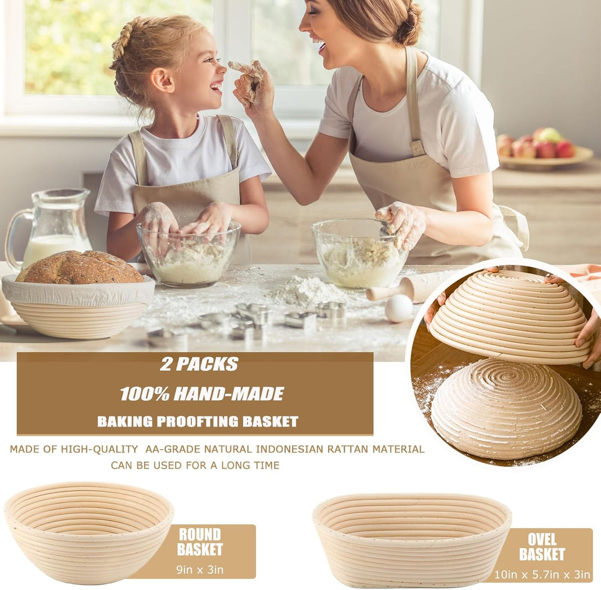 9 Inch Round & 10 Oval Rattan Bread Proofing Baskets Set C44827