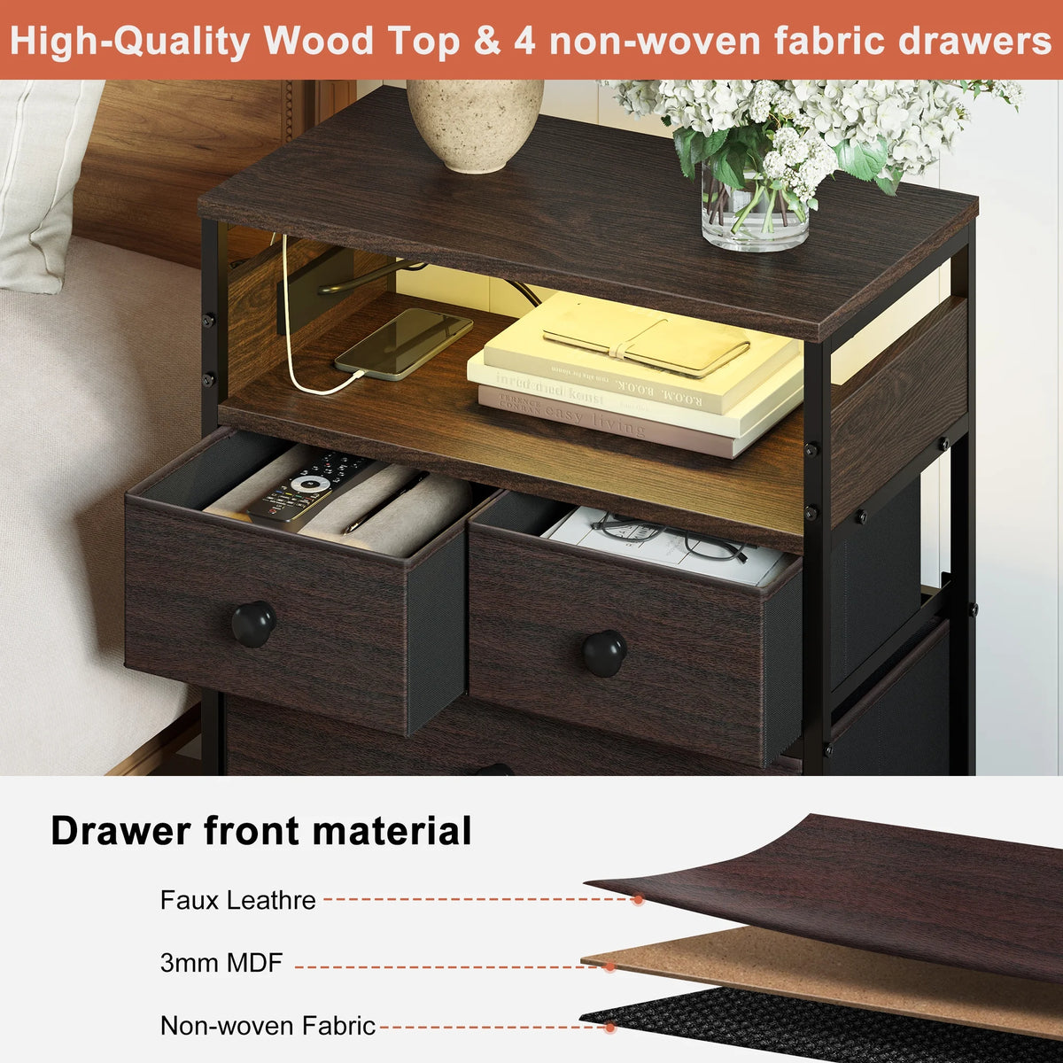 Brown 4 Drawer Nightstand with Charging Station and Led Lights V170125