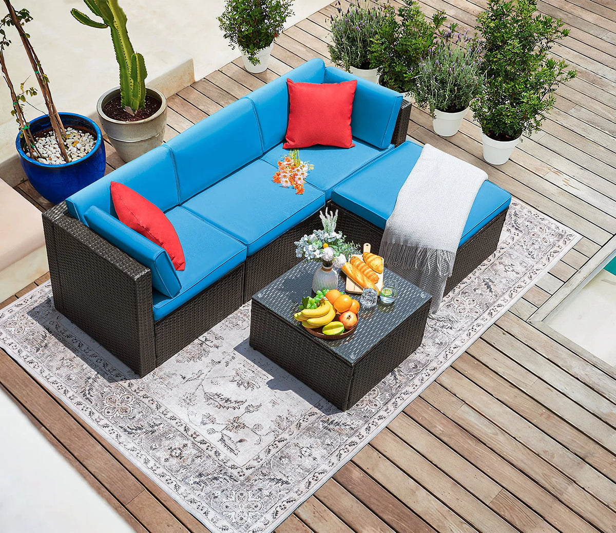 5 Pieces PE Rattan Wicker Patio Sectional Set with Table K327236
