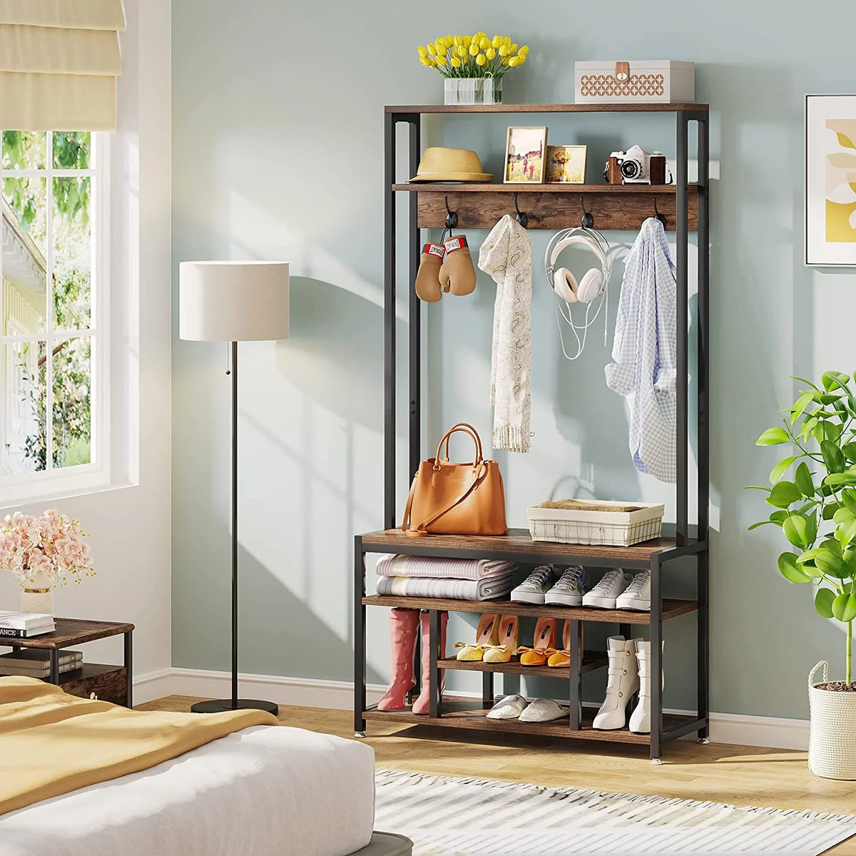Industrial Coat Rack with Bench and Shoe Rack V214