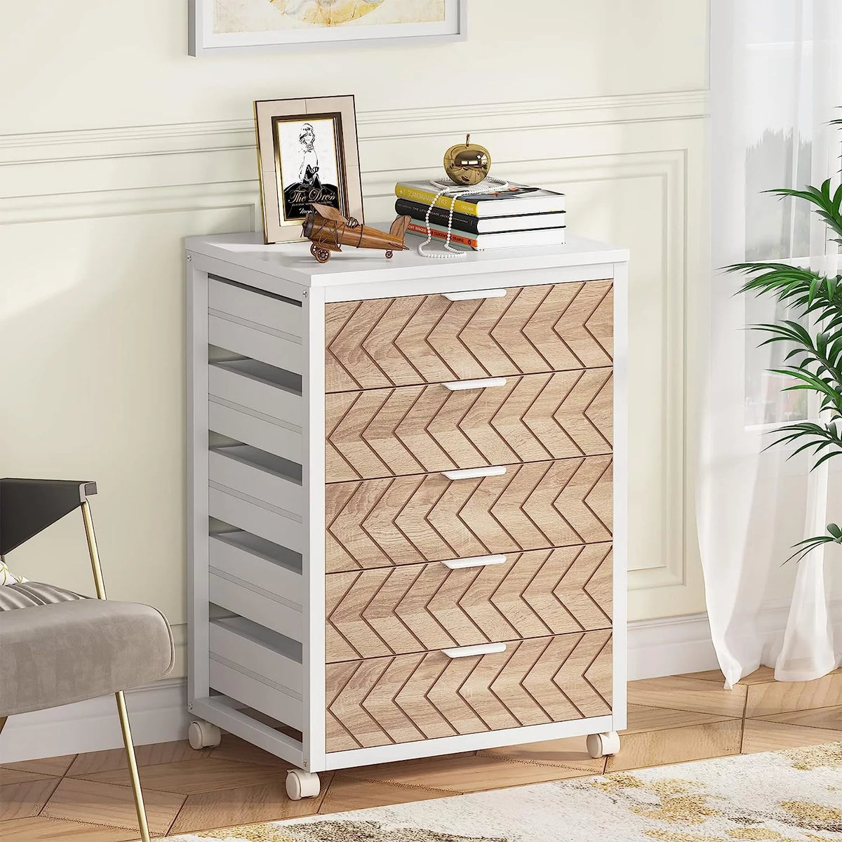 5 Drawer Wood Storage Dresser Cabinet with Wheels I733440