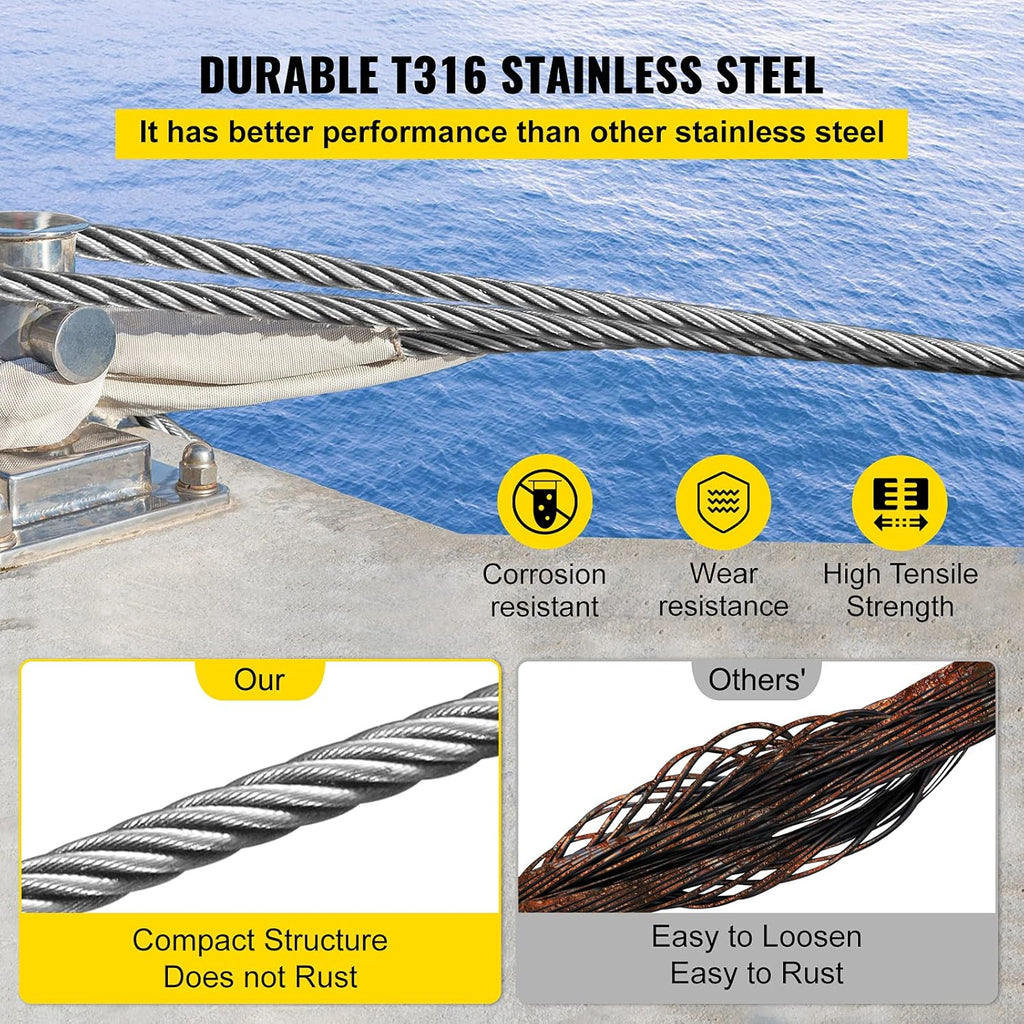 Stainless Steel 1/8"x 100ft Wire Rope 316 Marine Grade Braided Aircraft Cable D94285
