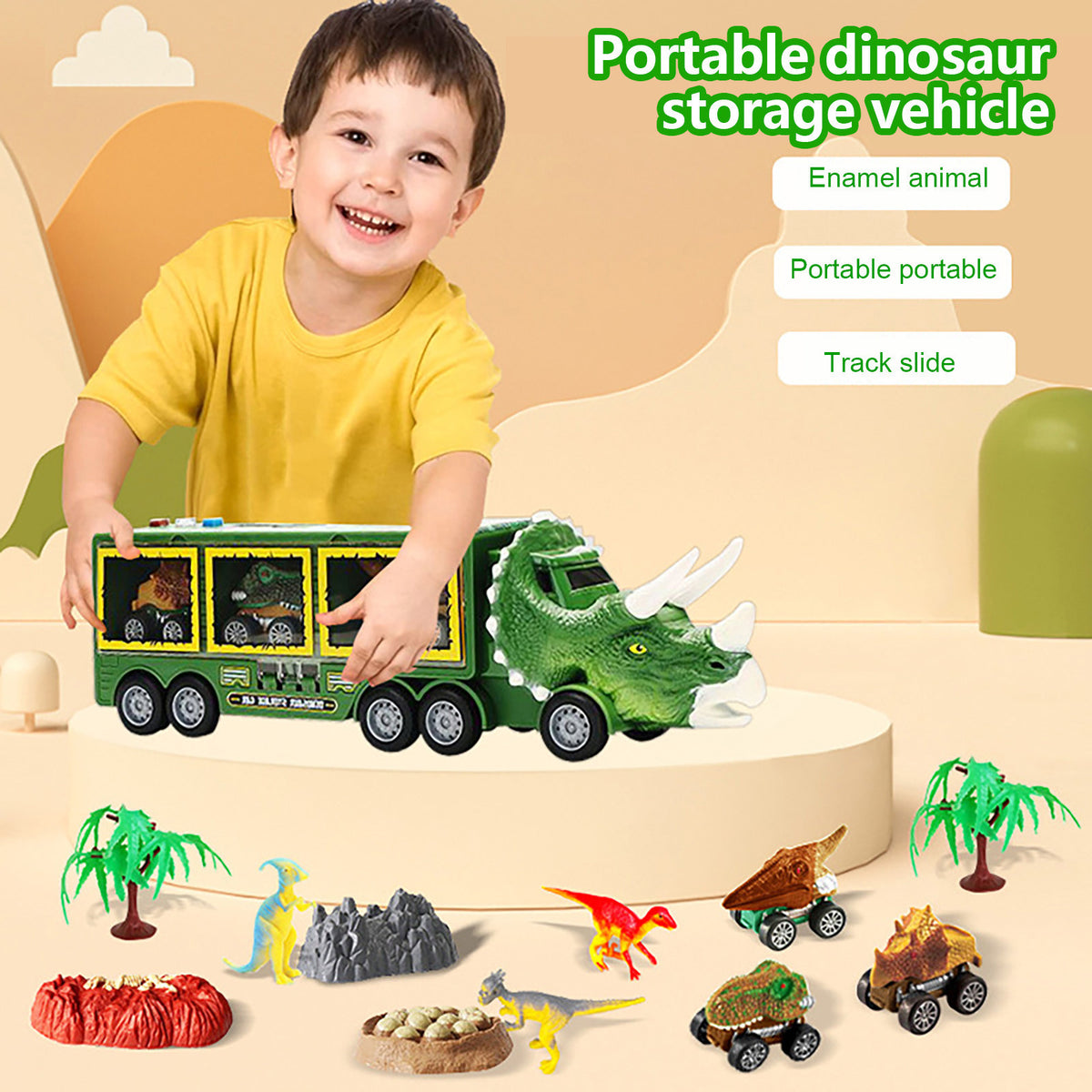 Dinosaur Transport Truck Carrier Toy Car With Dinosaurs Helicopter Portable Handle J299