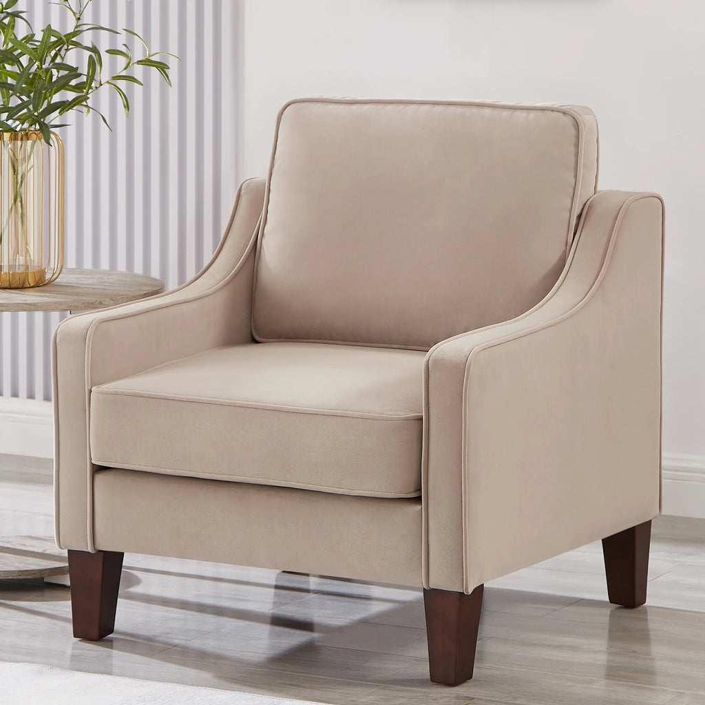 Taupe Velvet Upholstered Armchair with Wooden Legs P3574
