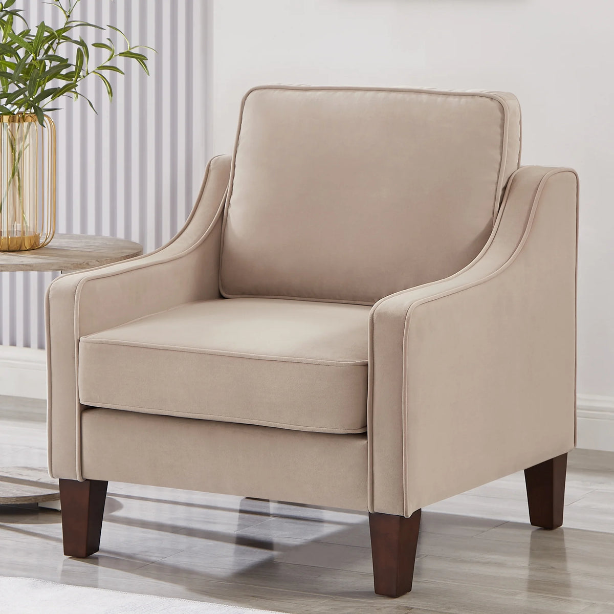 Taupe Velvet Upholstered Armchair with Wooden Legs P3574