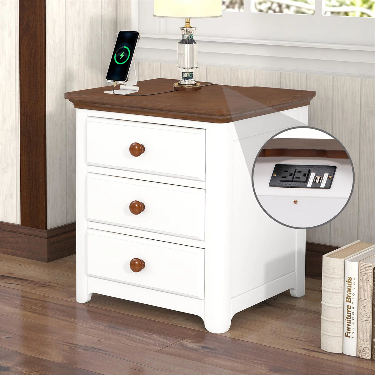 White Walnut Full Size Wood Platform Bed with Two Drawers N53477
