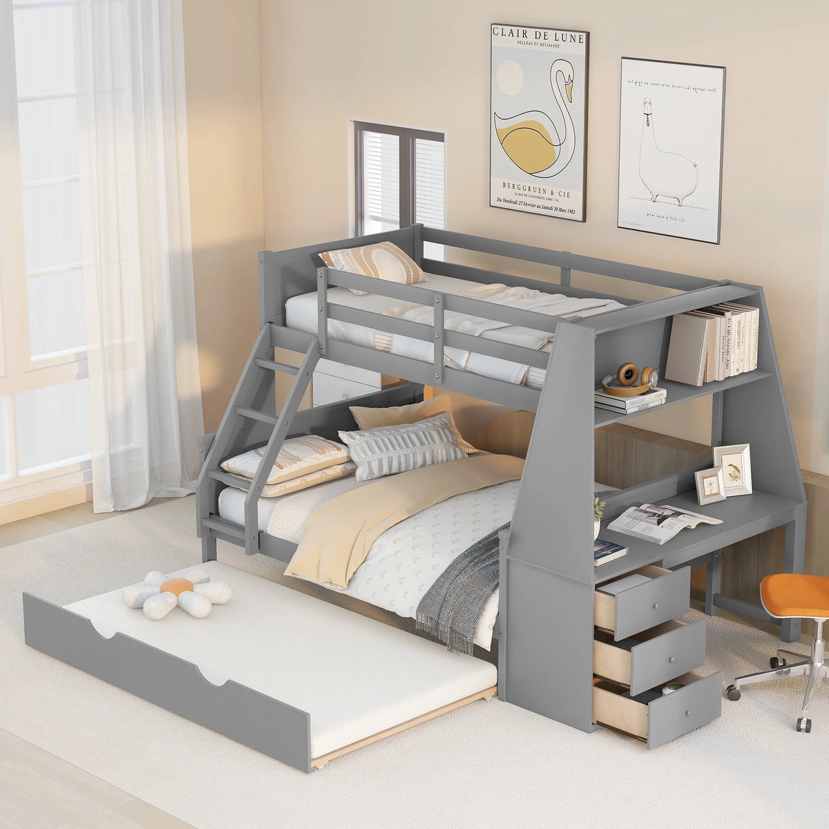 Twin over Full Bunk Bed with Trundle, Desk, 3 Drawers, Gray F952