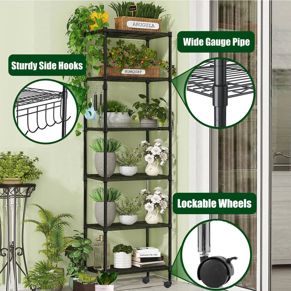6 Shelves Wire Metal Heavy Duty Shelving Rack with Wheel, Silver Z688811