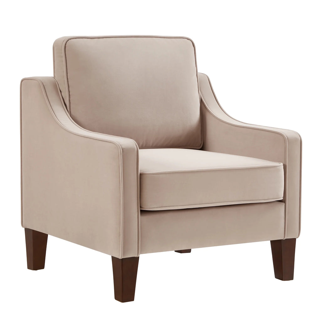 Taupe Velvet Upholstered Armchair with Wooden Legs P3574