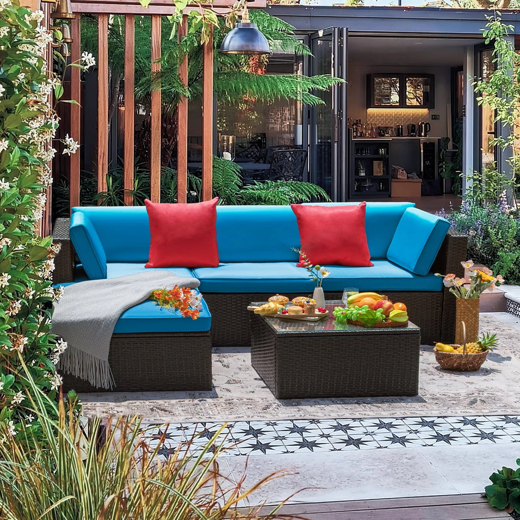 5 Pieces PE Rattan Wicker Patio Sectional Set with Table K327236
