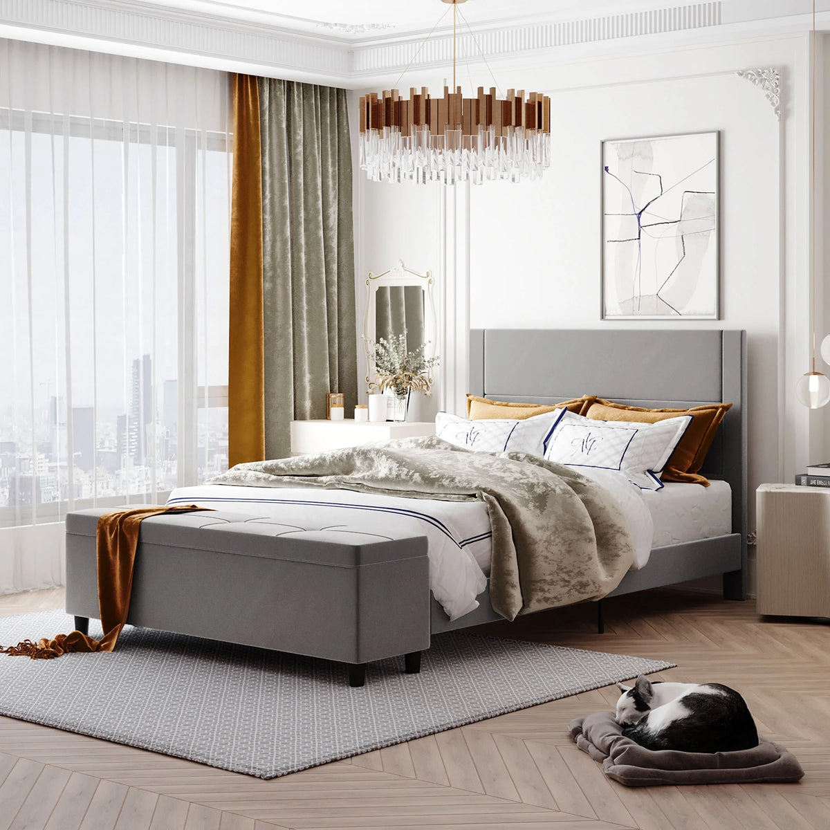 Light Gray Queen Size Storage Upholstered Platform Bed I5734