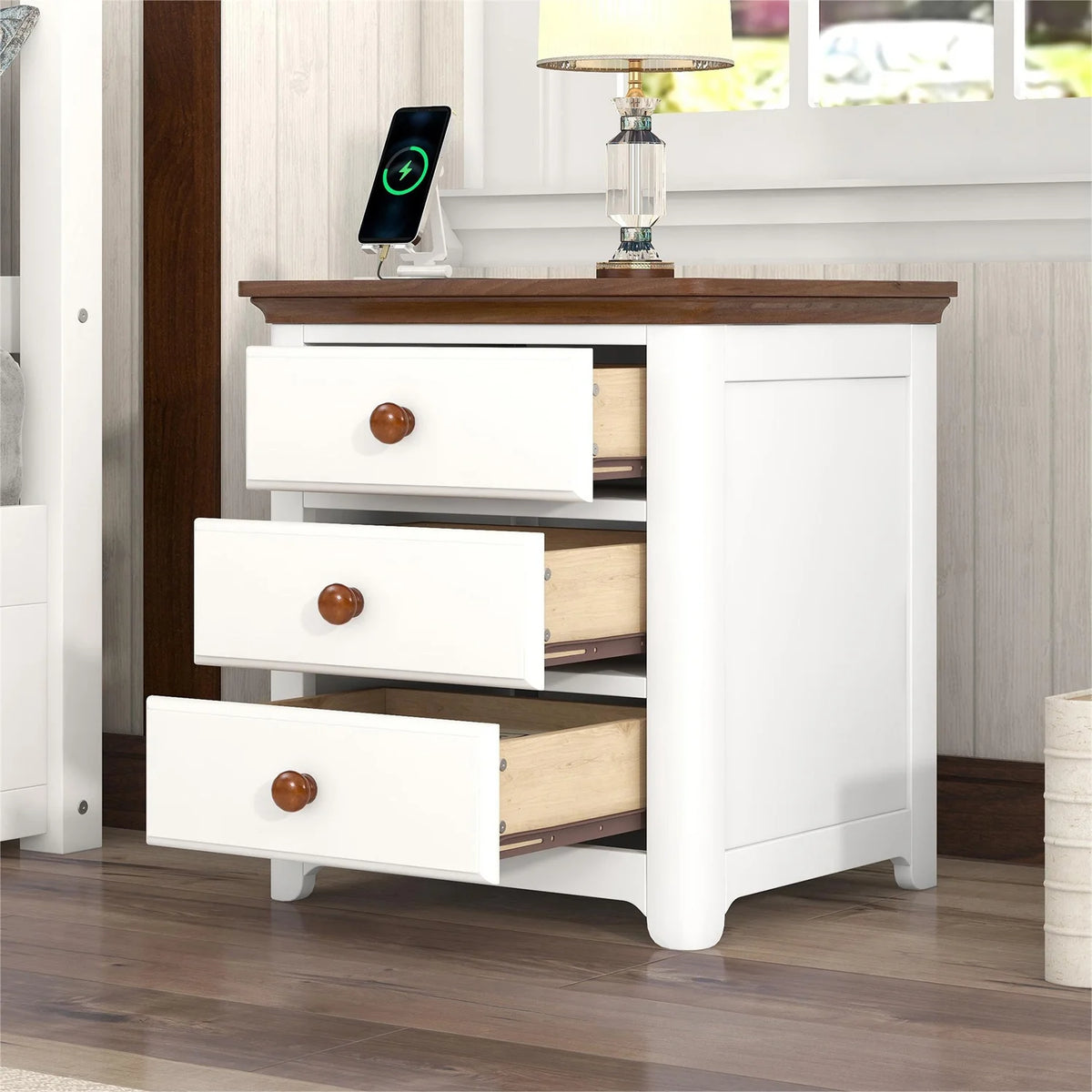 White Walnut Full Size Wood Platform Bed with Two Drawers N53477
