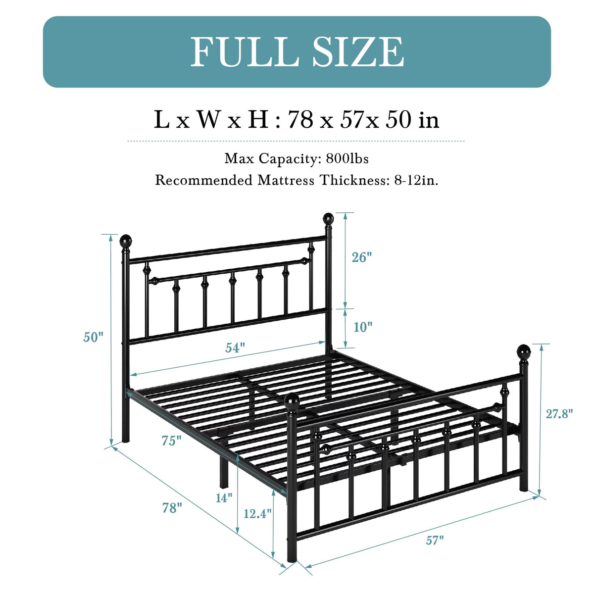 Full Size Black Iron Bed Frame with Headboard and Footboard P5807