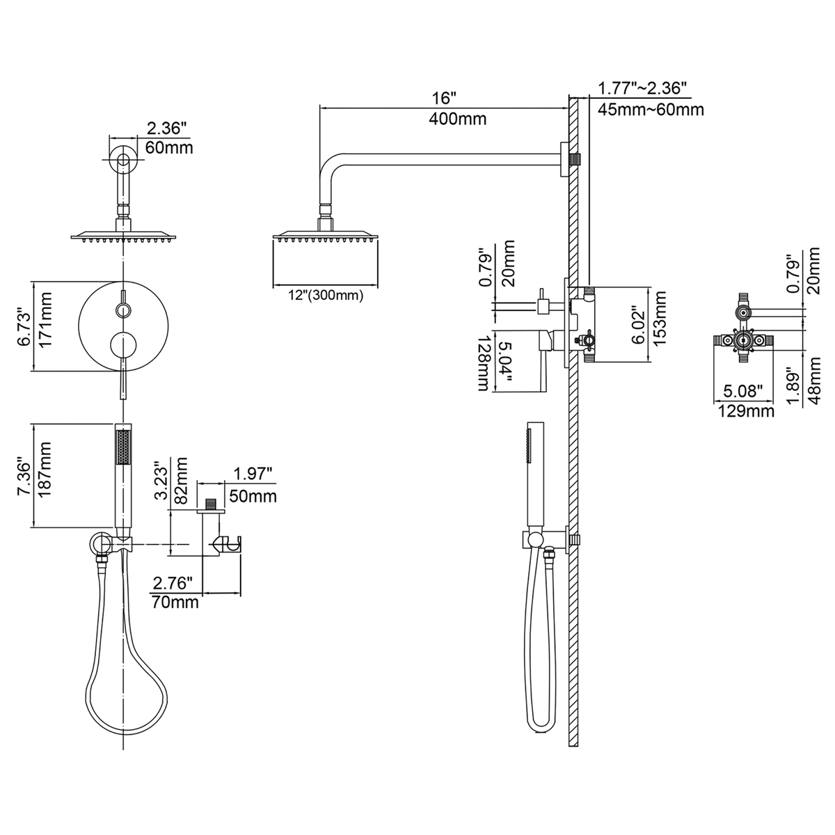 Chrome Wall Mounted Rain Shower Faucet Set with Hand Shower D40601
