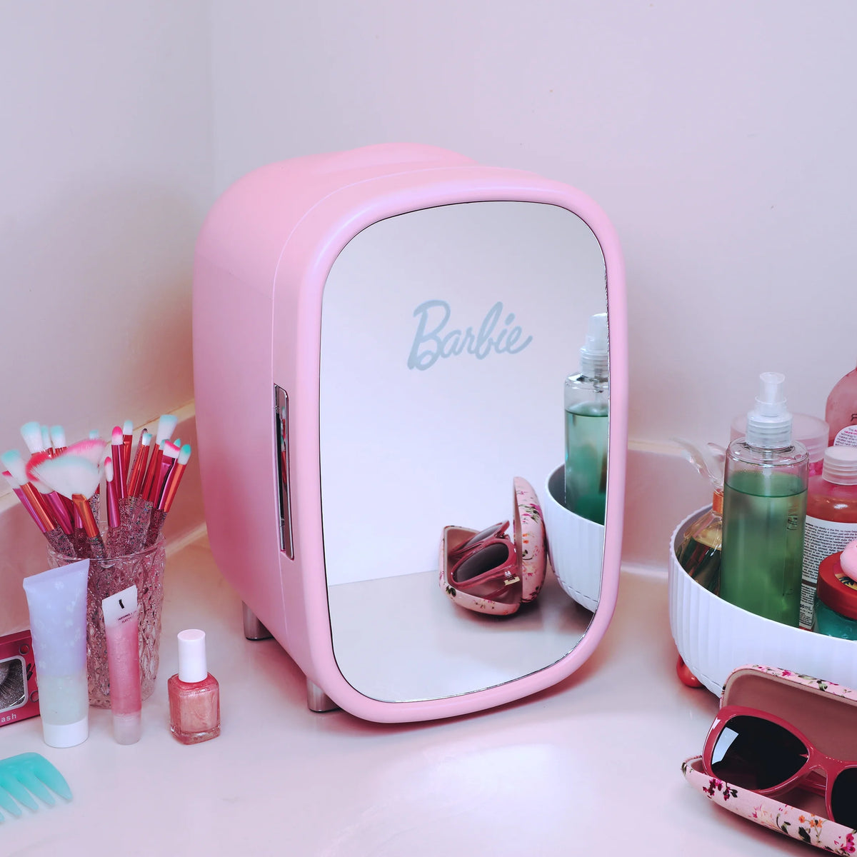 Pink 7L Mini Fridge with Glass Mirror Door Q2521