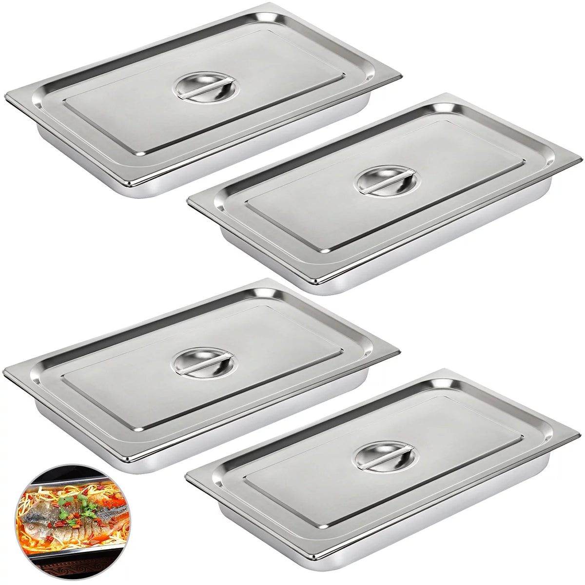 4 Pack 4 Inch Deep Full Size Stainless Steel Hotel Pan with Lid E476