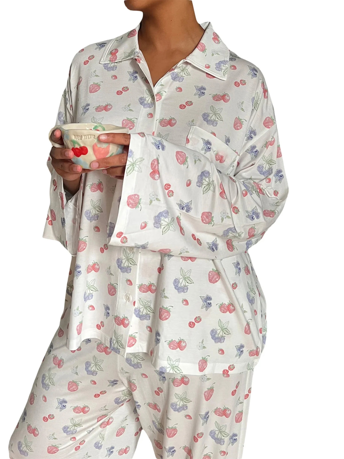 Women 2 Piece Floral Pajamas Lounge Set Long Sleeve Shirt Wide Leg Pants J3290