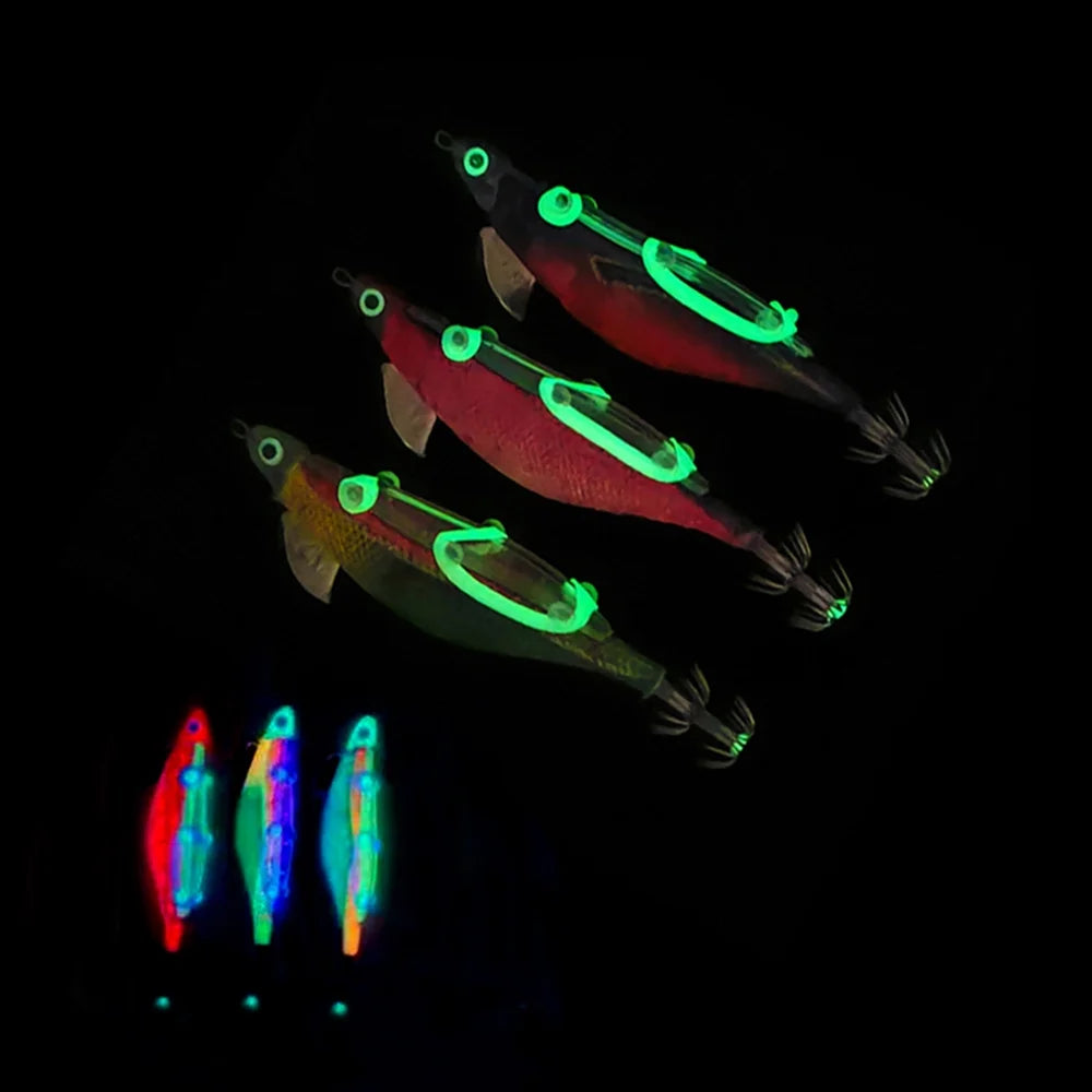 10pcs Fishing Luminous Shrimp Lure Hard Artificial Bait Wood with Squid Hooks T702168