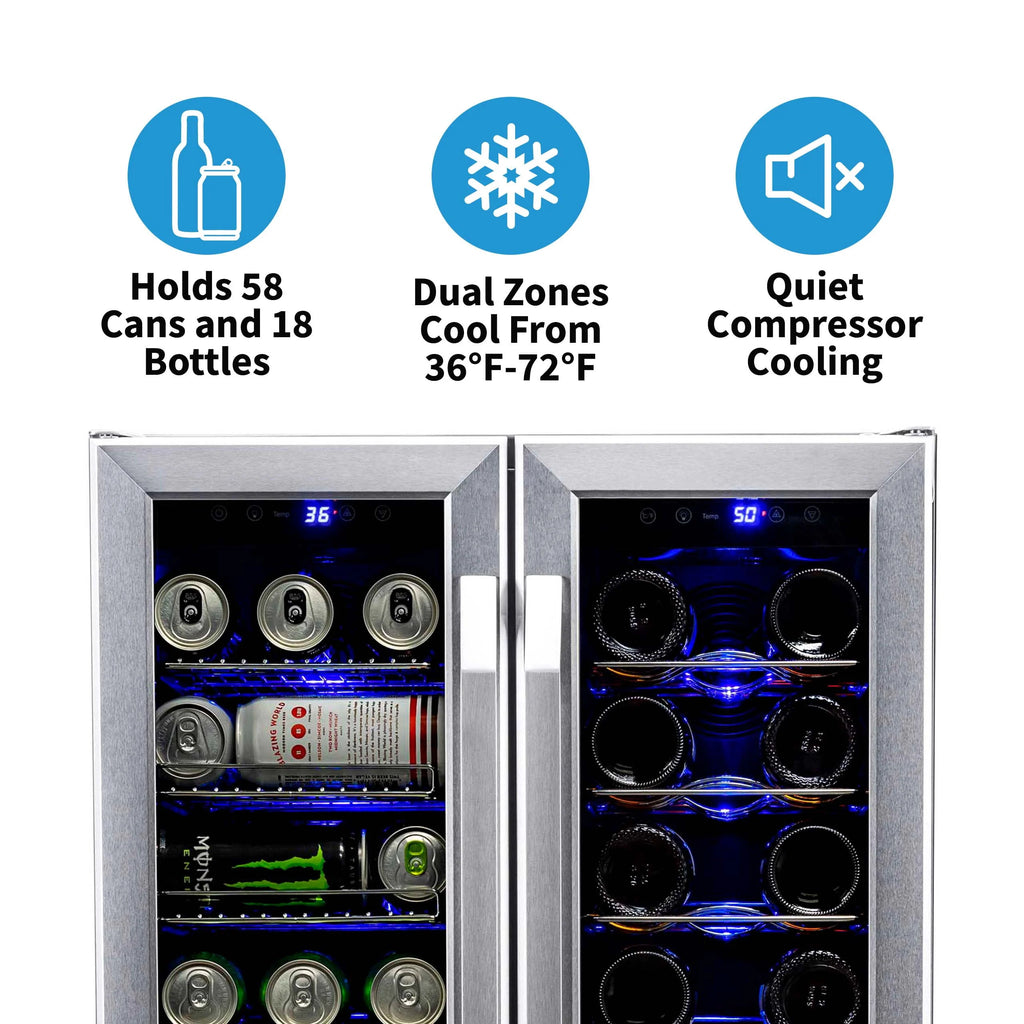 18 Bottle 60 Can Dual Zone Stainless Steel Wine and Beverage Refrigerator W879