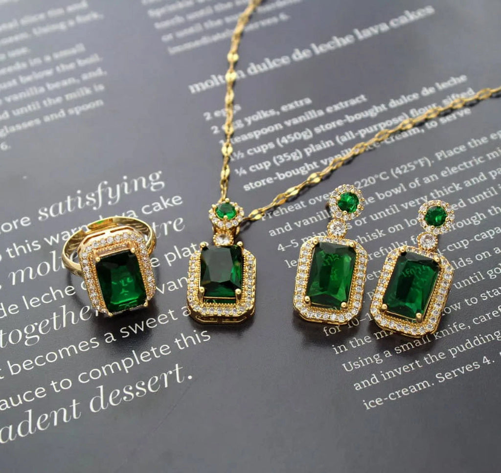 3Pcs/Set Iced Out Cubic Zirconia Green Gemstone Ring Necklace Earrings Gold Plated Jewelry Sets P467293