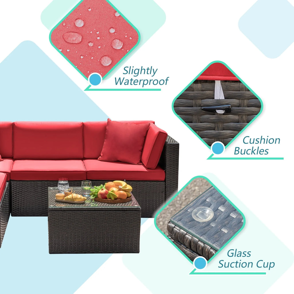5 Pieces PE Rattan Wicker Patio Sectional Set with Table K327236