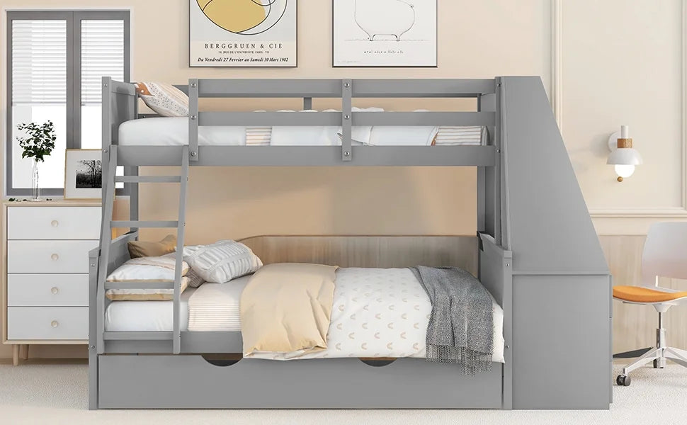 Twin over Full Bunk Bed with Trundle, Desk, 3 Drawers, Gray F952