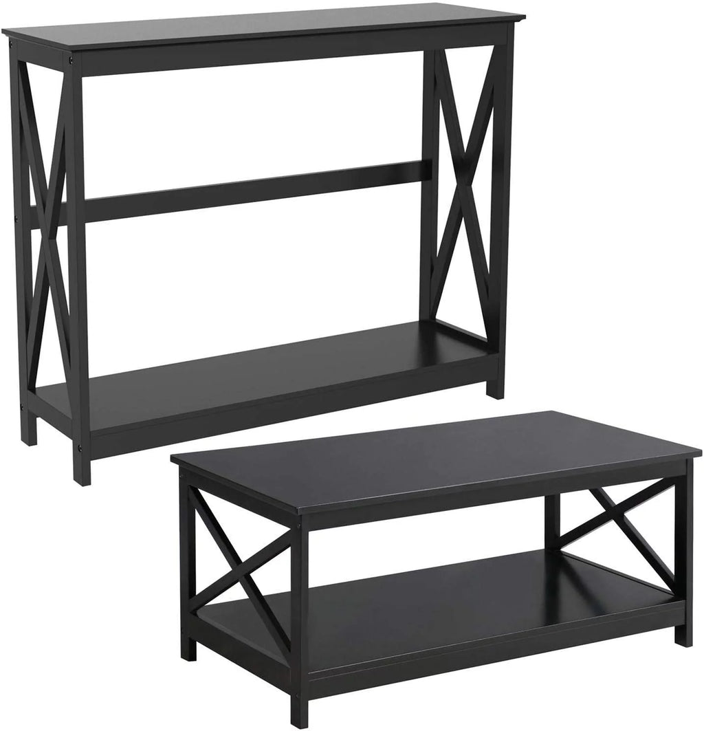 2-Piece Coffee Table & Sofa Side Console Table Set Black I9007