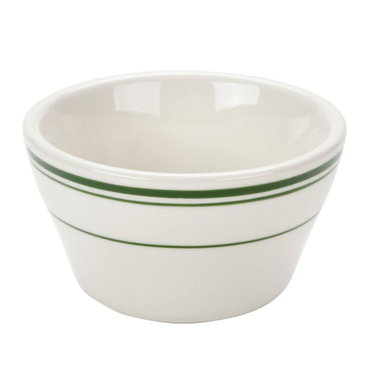 8 oz Bouillon Wide Rim in Eggshell American White with Green Bands Case of 36 O347