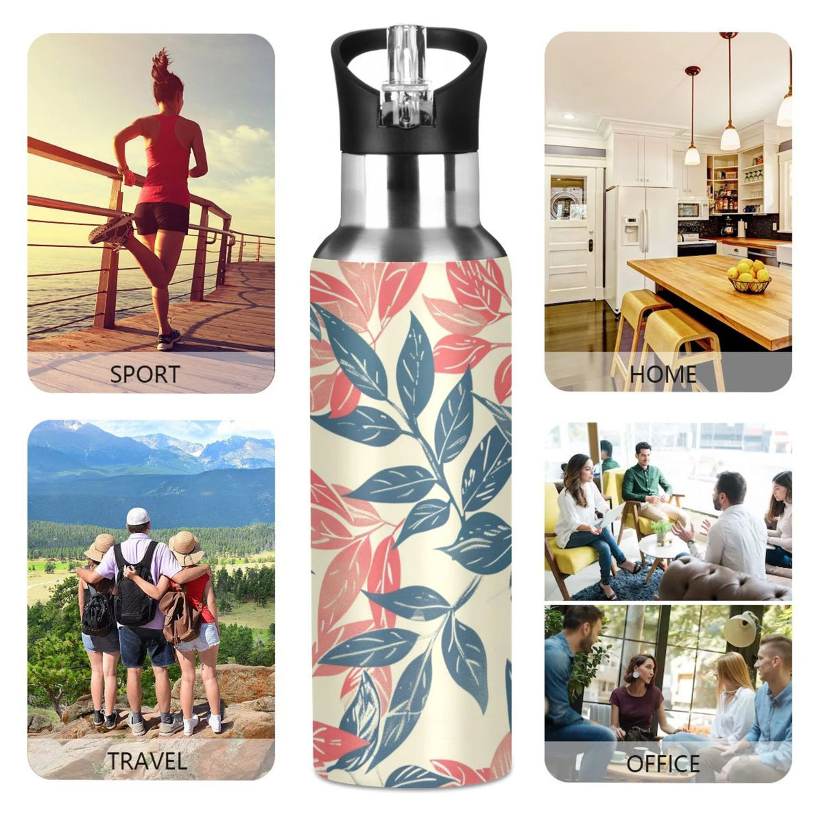 Retro Leaf Insulated Stainless Steel Water Bottle with Straw Lid 20 oz E484181