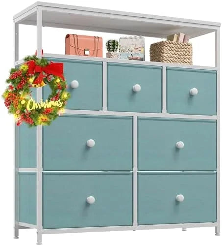 7 Drawer Fabric Dresser with Wooden Top and Metal Frame W2656