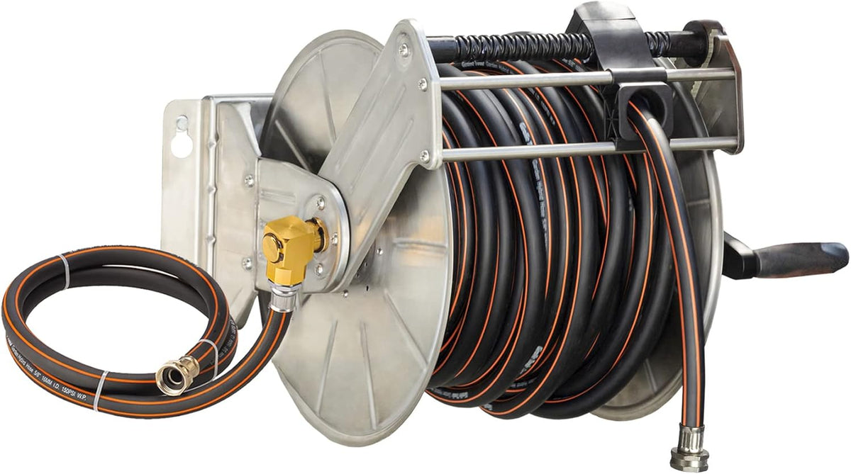 Stainless Steel Garden Hose Reel with 5/8" x 100 ft Heavy Duty Hose Z6460