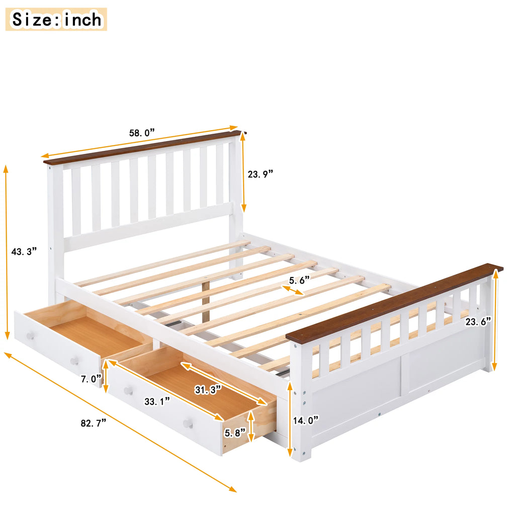 White Walnut Full Size Wood Platform Bed with Two Drawers N53477