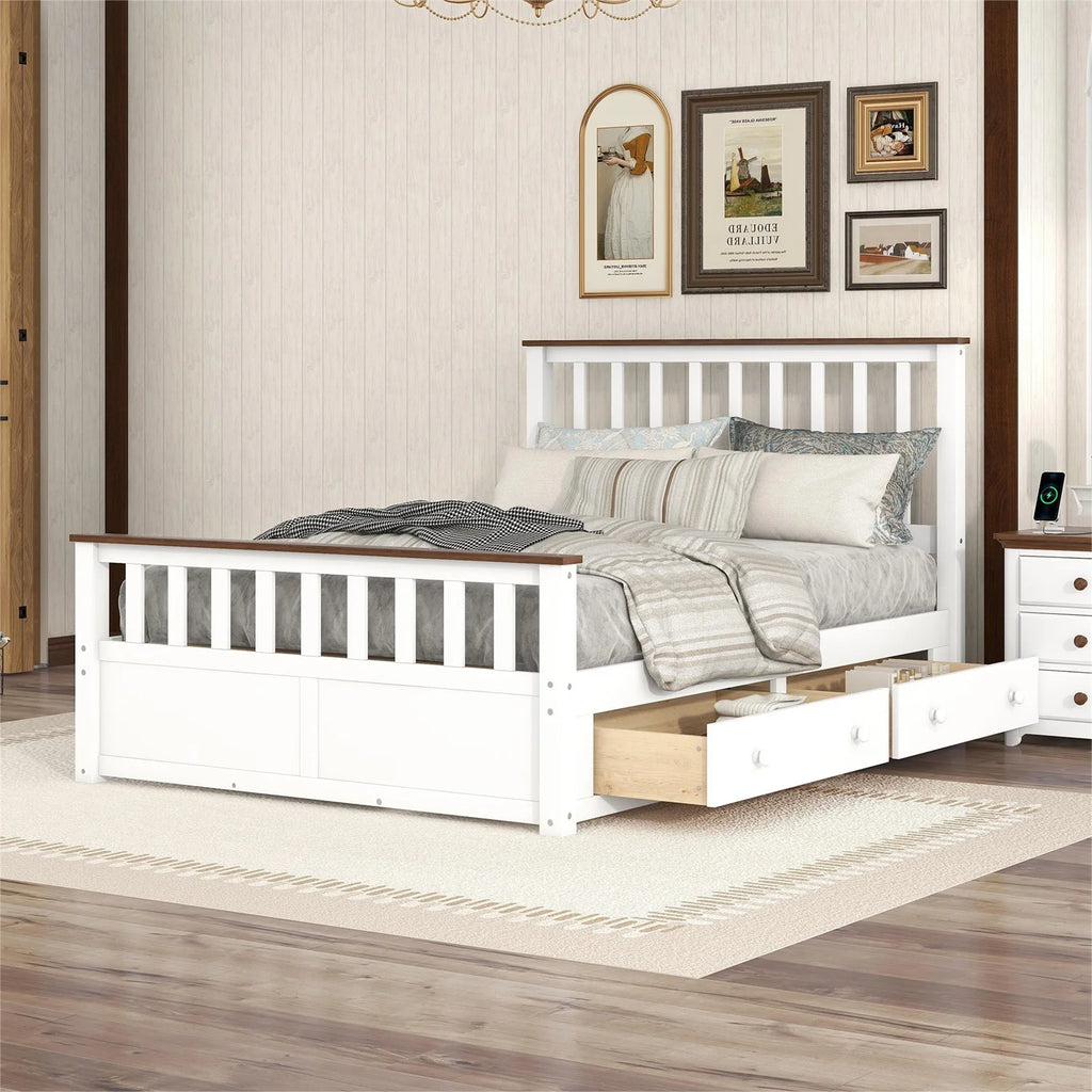 White Walnut Full Size Wood Platform Bed with Two Drawers N53477