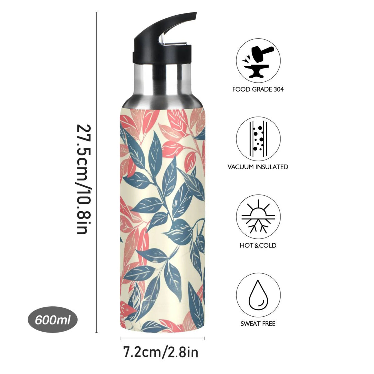 Retro Leaf Insulated Stainless Steel Water Bottle with Straw Lid 20 oz E484181