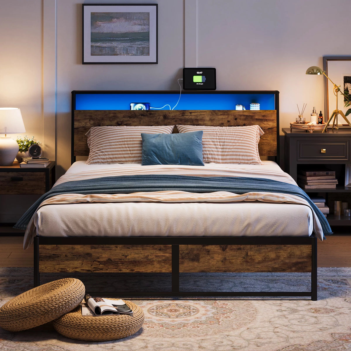 Full Size Platform Bed Frame with Headboard and Storage Shelves V730