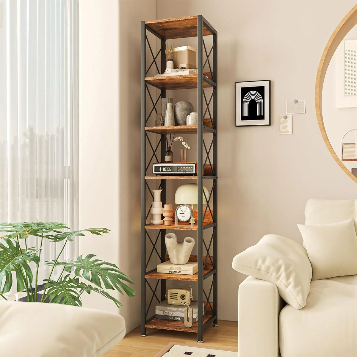 6-Tier Tall Narrow Wood Bookcase Storage Shelf F404533