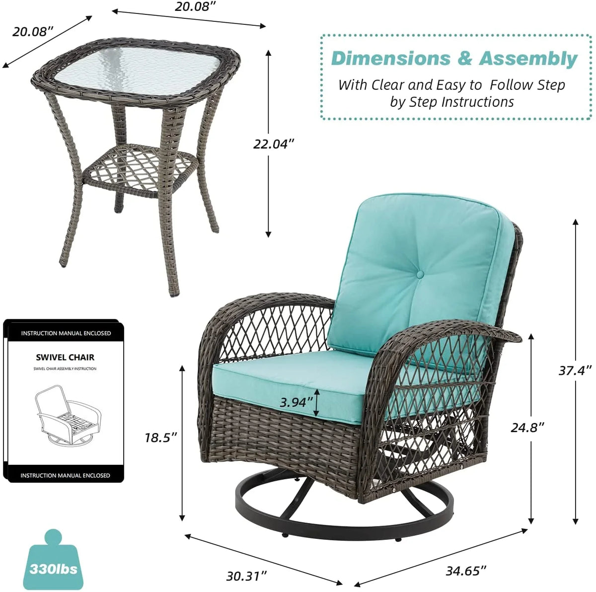 Outdoor Swivel Glider Wicker Patio Bistro Set with Cushions and Glass Table X12836