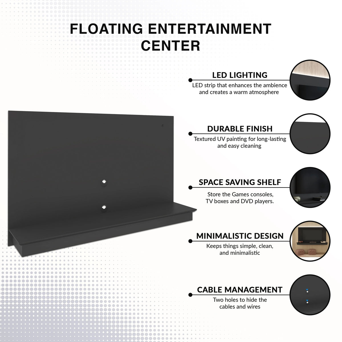 Black Floating TV Stand with LED Strip and Shelf X6818