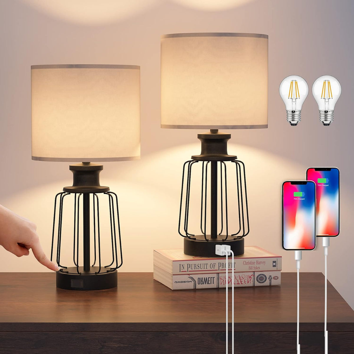 Black Cage Table Lamp Set of 2 with USB Ports and Outlets, 3-Way Dimmable, Bulbs Included N541
