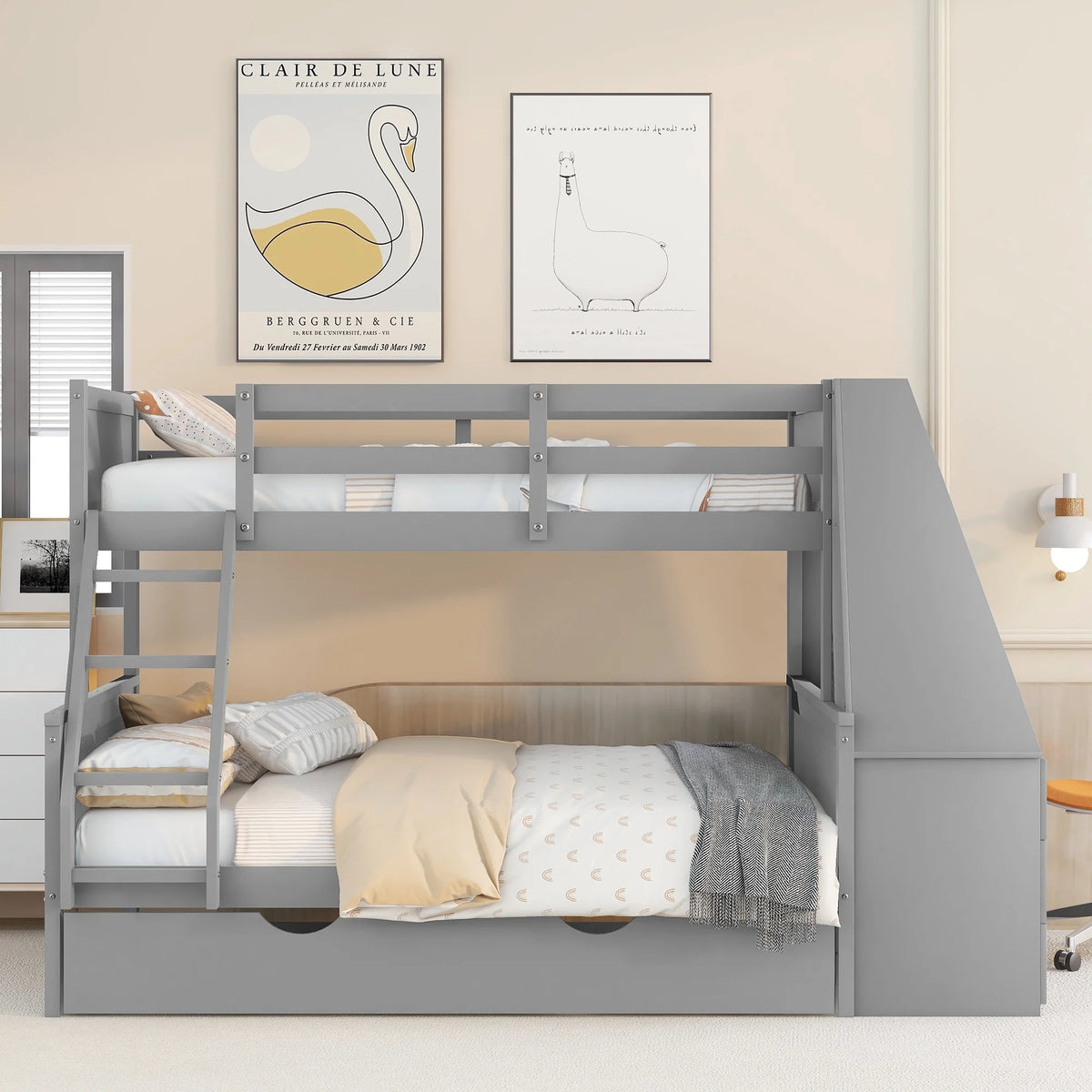 Twin over Full Bunk Bed with Trundle, Desk, 3 Drawers, Gray F952