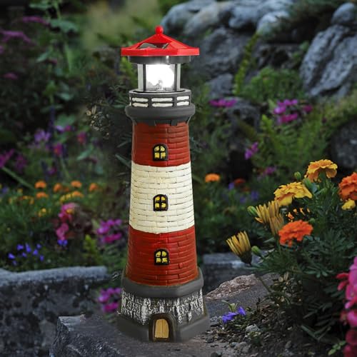 Solar Lighthouse Statue with LED Light 14.76 Inch Red F4645