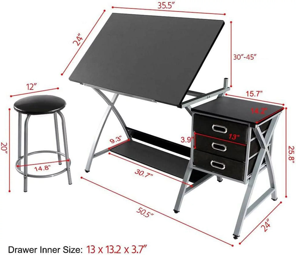 Adjustable Drafting Desk with Stool and 3 Slide Drawers Y88645