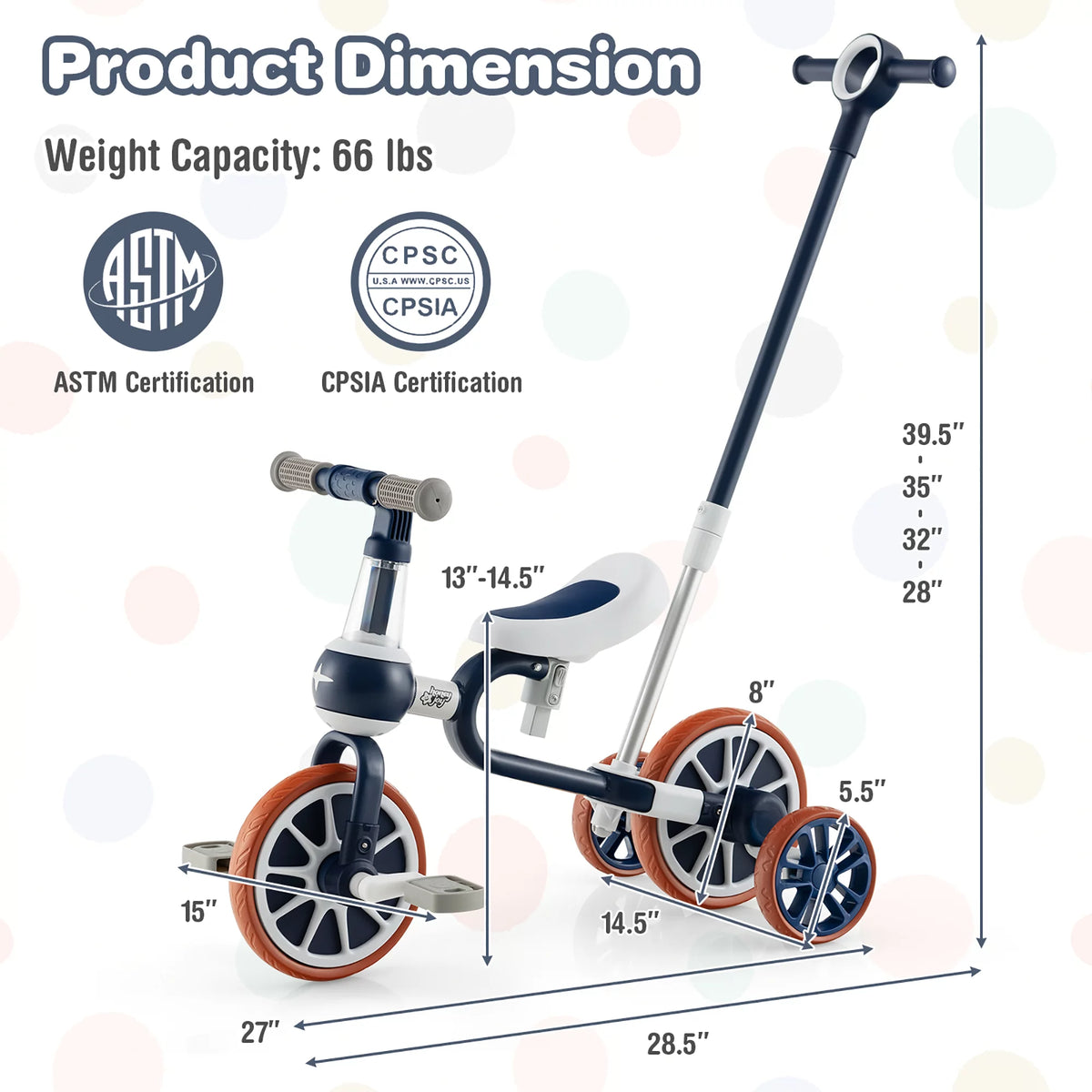 4 in 1 Kids Tricycles with Push Handle & Training Wheels Navy J42007