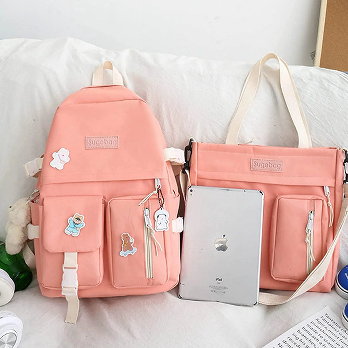 5Pcs Backpacks Combo Set with Bear Pendant & Pins Z438