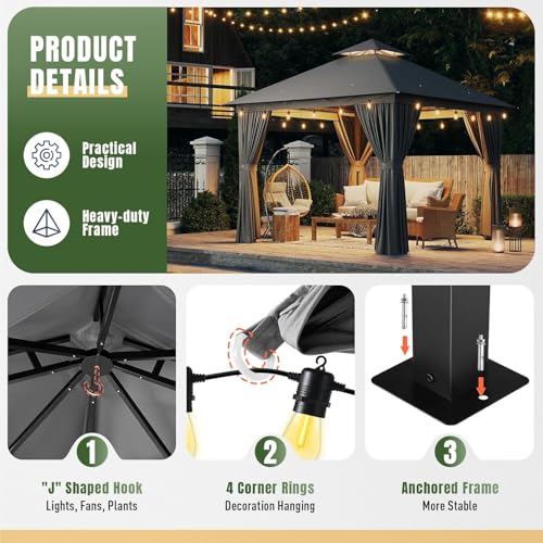 10x12 Metal Gazebo with Mosquito Netting and Privacy Screen I65359